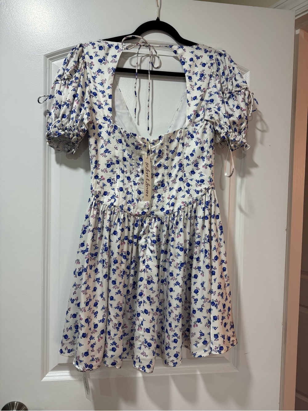 For Love & Lemons Paulina Puff Sleeve Corset Mini Dress Blue Floral Print - S - Picture 9 of 11
